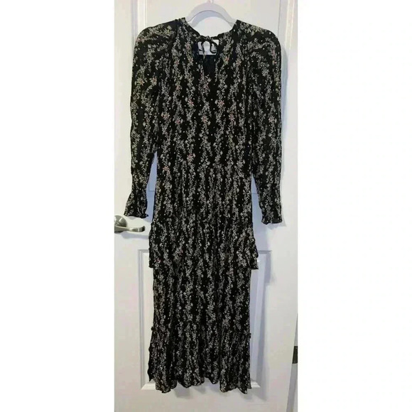 ZARA Maxi Dress Size M Black Red/Pink Floral Chiffon Long Sleeve Lined Ruffled - Picture 3 of 6